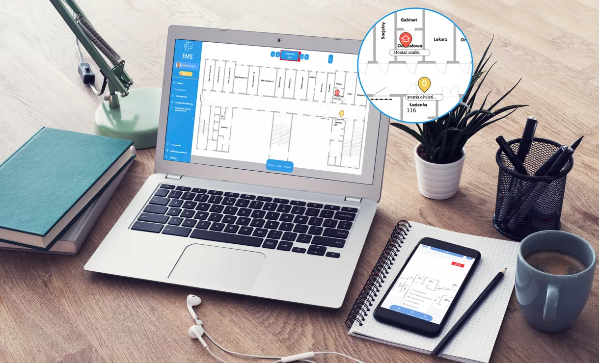 Widok projektu w systemie EMS na ekranie laptopa i smartfonu