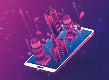 grafika telefonu z obiektami 3D w różowo-fioletowym kolorze